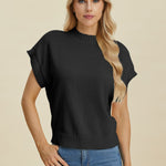 Double Take Full Size Mock Neck Short Sleeve Sweater