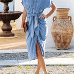 Tied Button Up Short Sleeve Denim Dress