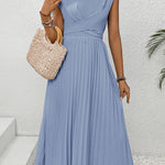 Pleated Round Neck Cap Sleeve Dress