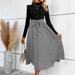 Ribbed Round Neck Long Sleeve Tie Waist Midi Dress