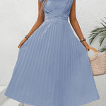 Pleated Round Neck Cap Sleeve Dress