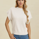 Double Take Full Size Mock Neck Short Sleeve Sweater