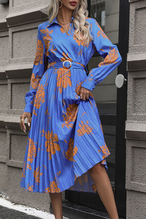 Floral Pleated Surplice Long Sleeve Midi Dress