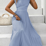 Pleated Round Neck Cap Sleeve Dress