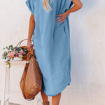 Slit Button Up Short Sleeve Imitation Denim Dress