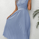 Pleated Round Neck Cap Sleeve Dress