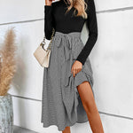 Ribbed Round Neck Long Sleeve Tie Waist Midi Dress