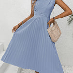 Pleated Round Neck Cap Sleeve Dress