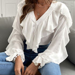 Full Size Ruffled V-Neck Button Down Flounce Sleeve Blouse