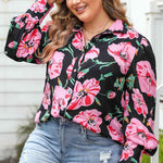 Plus Size Printed Collared Neck Long Sleeve Shirt