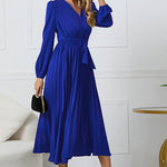 V-Neck Long Sleeve Tie Waist Midi Dress