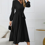 V-Neck Long Sleeve Tie Waist Midi Dress