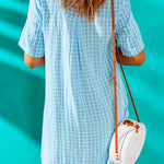 Grid Quarter Button Curved Hem Shirt Dress