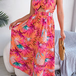 Botanical Print Tied Backless Cutout Slit Dress