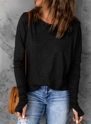 Thumbhole Long Sleeve Round Neck Top