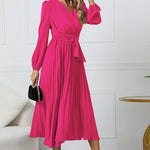 V-Neck Long Sleeve Tie Waist Midi Dress