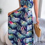 Botanical Print Tied Backless Cutout Slit Dress