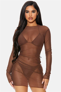 Chocolate Brown Cover Me Long Sleeve Mesh Sheer Pool Swimwear Coverup Mini Dress