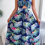 Botanical Print Tied Backless Cutout Slit Dress