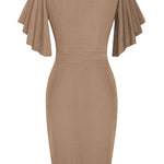 Notched Neck Flutter Sleeve Pencil Dress