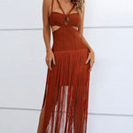 Cutout Strappy Neck Fringe Dress