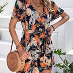 Botanical Print Surplice Neck Tie Waist Romper