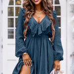 Ruffle Trim V-Neck Long Sleeve Mini Dress