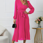 V-Neck Long Sleeve Tie Waist Midi Dress