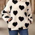 Fuzzy Heart Pocketed Dropped Shoulder Hoodie