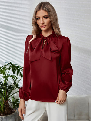 Tie Neck Long Puff Sleeve Blouse