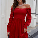 Off-Shoulder Smocked Ruffle Hem Dress