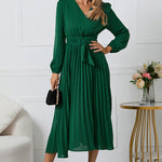 V-Neck Long Sleeve Tie Waist Midi Dress