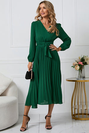 V-Neck Long Sleeve Tie Waist Midi Dress