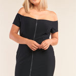 Plus Size Fitted Off-the-shoulder Front Zipper Bodycon Mini Dress