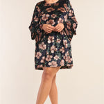 Plus Size Floral Print Velvet Long Layered Hem Sleeve Mini Dress