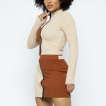 Rib Color Block Mock Neck Long Sleeve High-waist Mini Skirt With Front Zipper Set