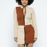 Rib Color Block Mock Neck Long Sleeve High-waist Mini Skirt With Front Zipper Set