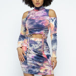 Tie Dye Open Shoulder Long Sleeve Top And Matching Skirt W Ruching Details