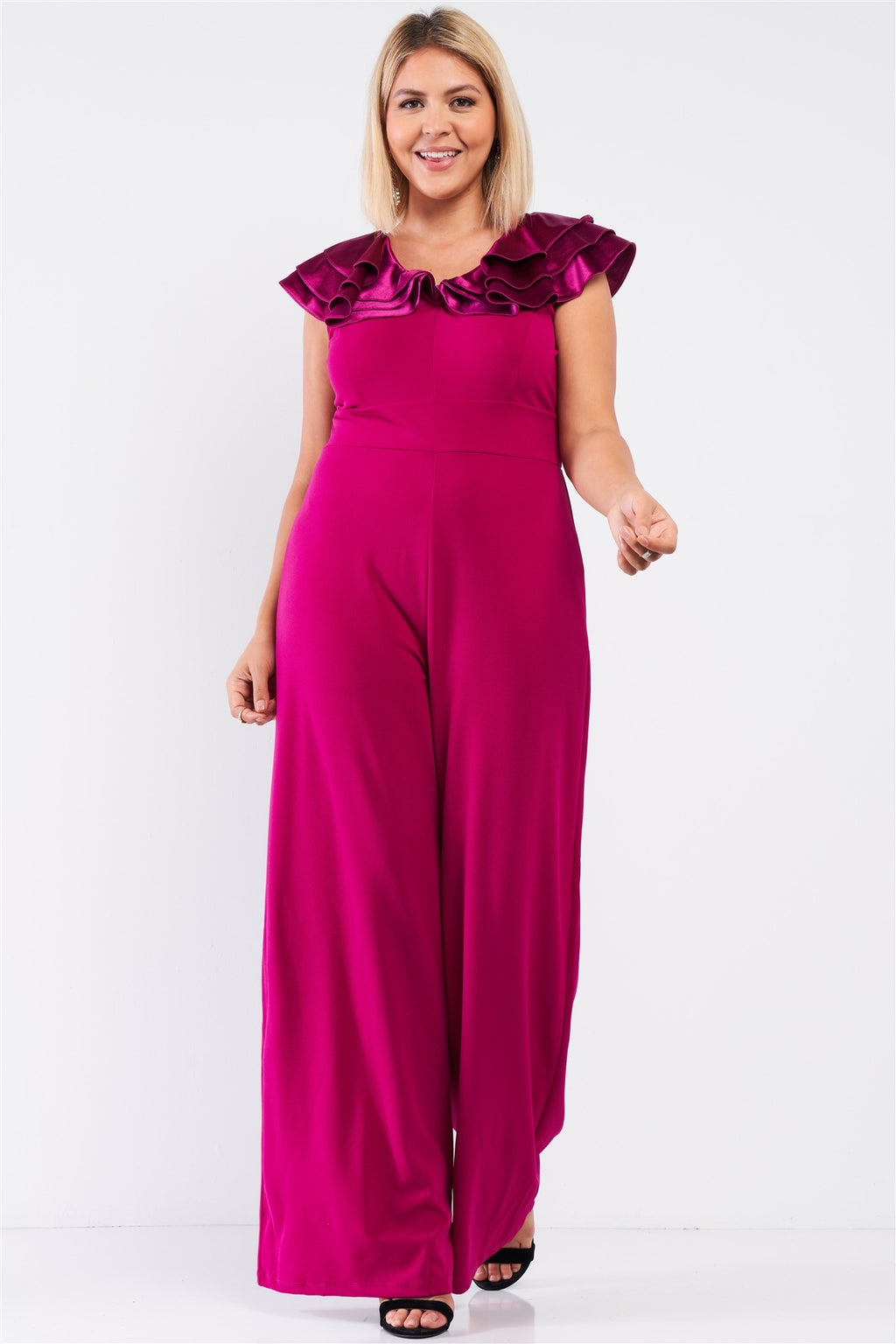 Plus size  Sleeveless Satin Ruffle Shoulder Detail V-neck Wide Leg Jumpsuit