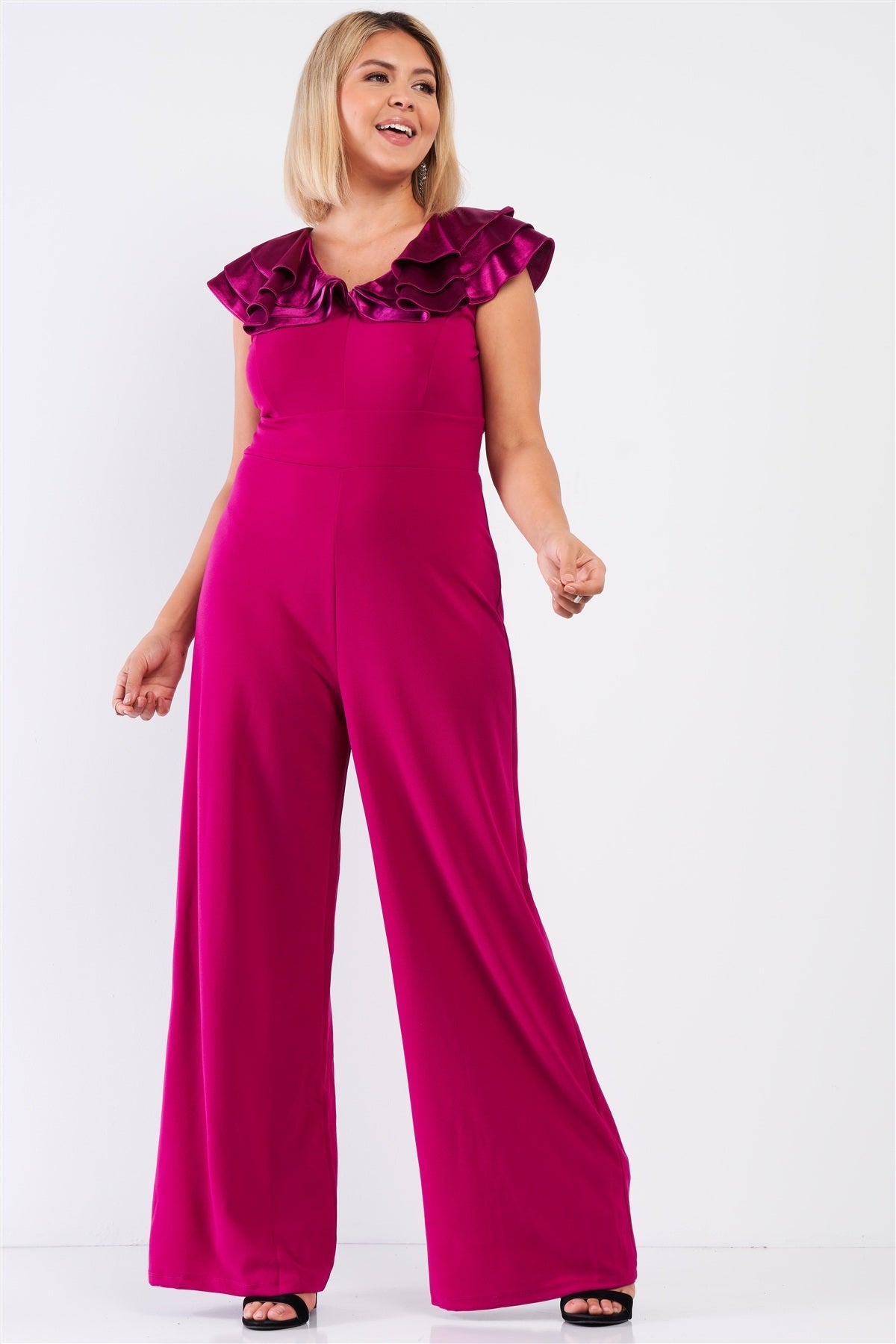 Plus size  Sleeveless Satin Ruffle Shoulder Detail V-neck Wide Leg Jumpsuit