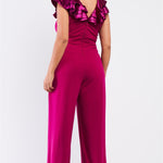 Plus size  Sleeveless Satin Ruffle Shoulder Detail V-neck Wide Leg Jumpsuit