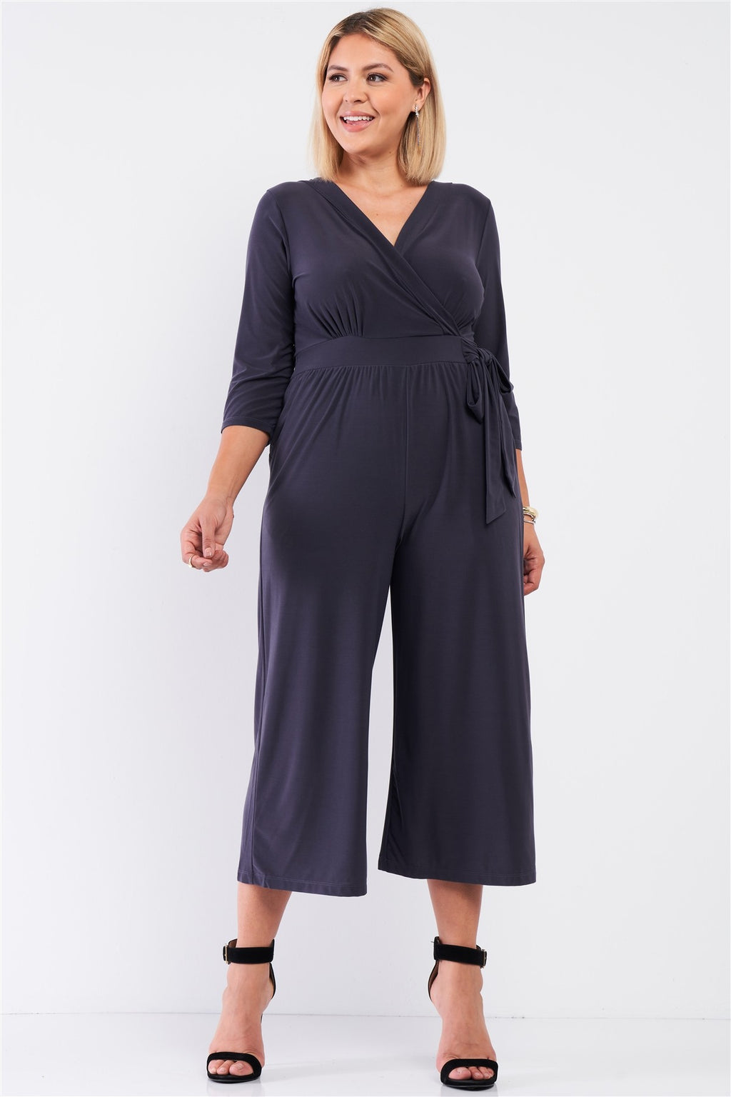 Plus size Dark Grey Plunging V-neck Midi Sleeve Self-tie Waist Detail Wide Leg Midi Jumpsuit