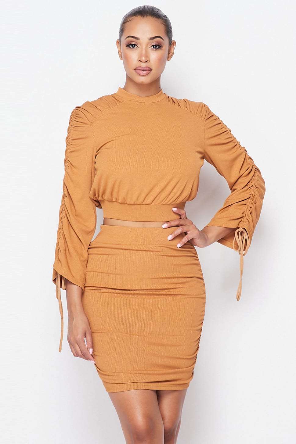 Ruched Long Sleeve And Skirt Set