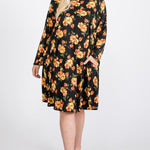 Floral Mock Neck Hidden Pocket Round Hem Midi Dress