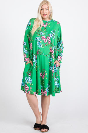 Floral Mock Neck Hidden Pocket Round Hem Midi Dress