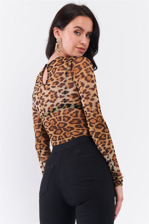 Brown Leopard Print Sheer Mesh Crew Neck Long Sleeve Bodysuit