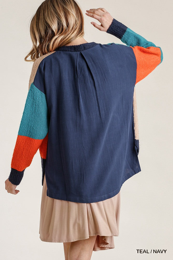 Colorblock Contrasted Cotton Fabric On Back Top With Side Slits And High Low Hem