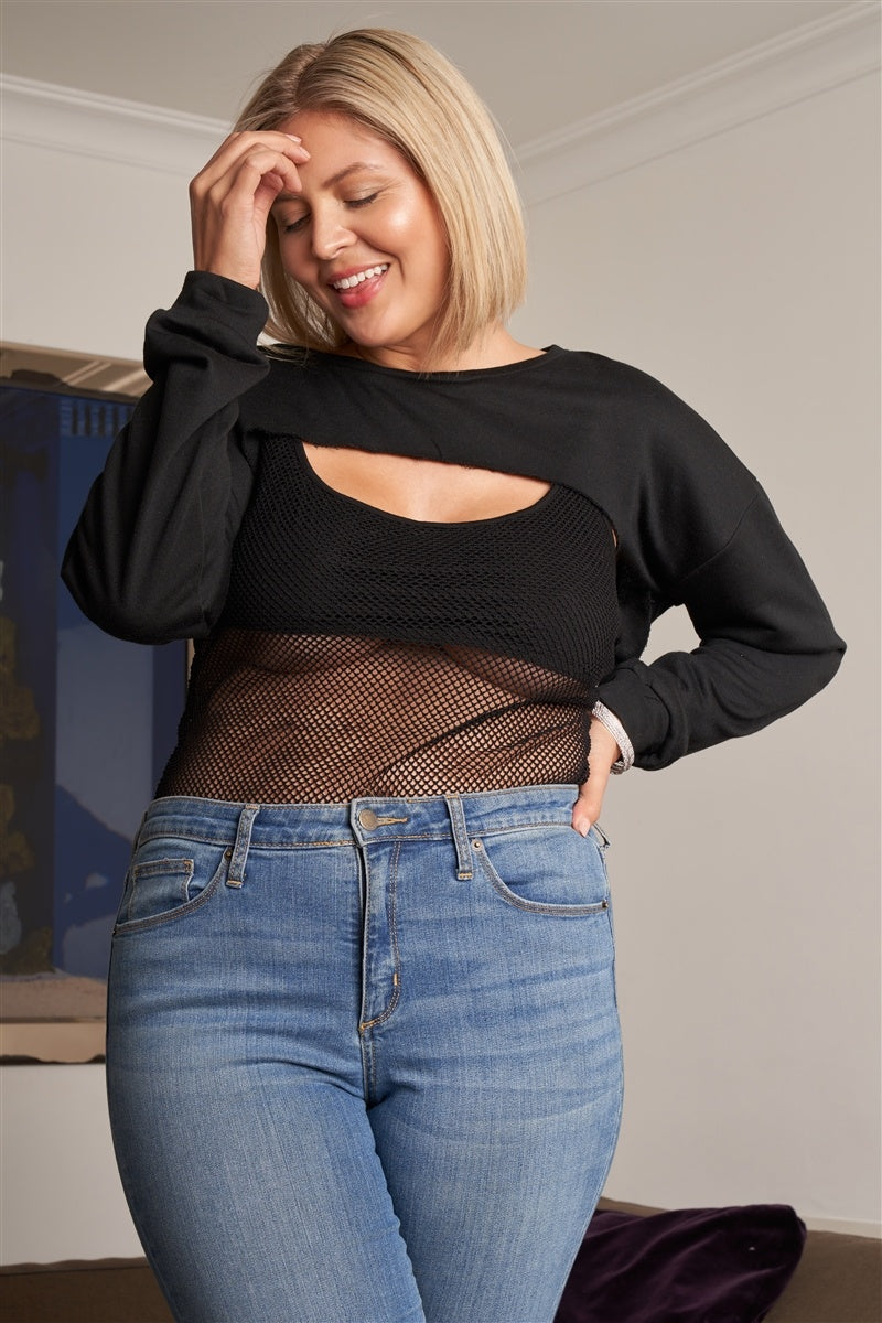 Plus size Black Raw Hem Long Sleeve Crop Overtop & Beach Net Sheer Bodysuit Two-piece Set