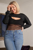 Plus size Black Raw Hem Long Sleeve Crop Overtop & Beach Net Sheer Bodysuit Two-piece Set