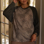 Plus Size Khaki & Charcoal Leopard Print Long Sleeve Relaxed Top